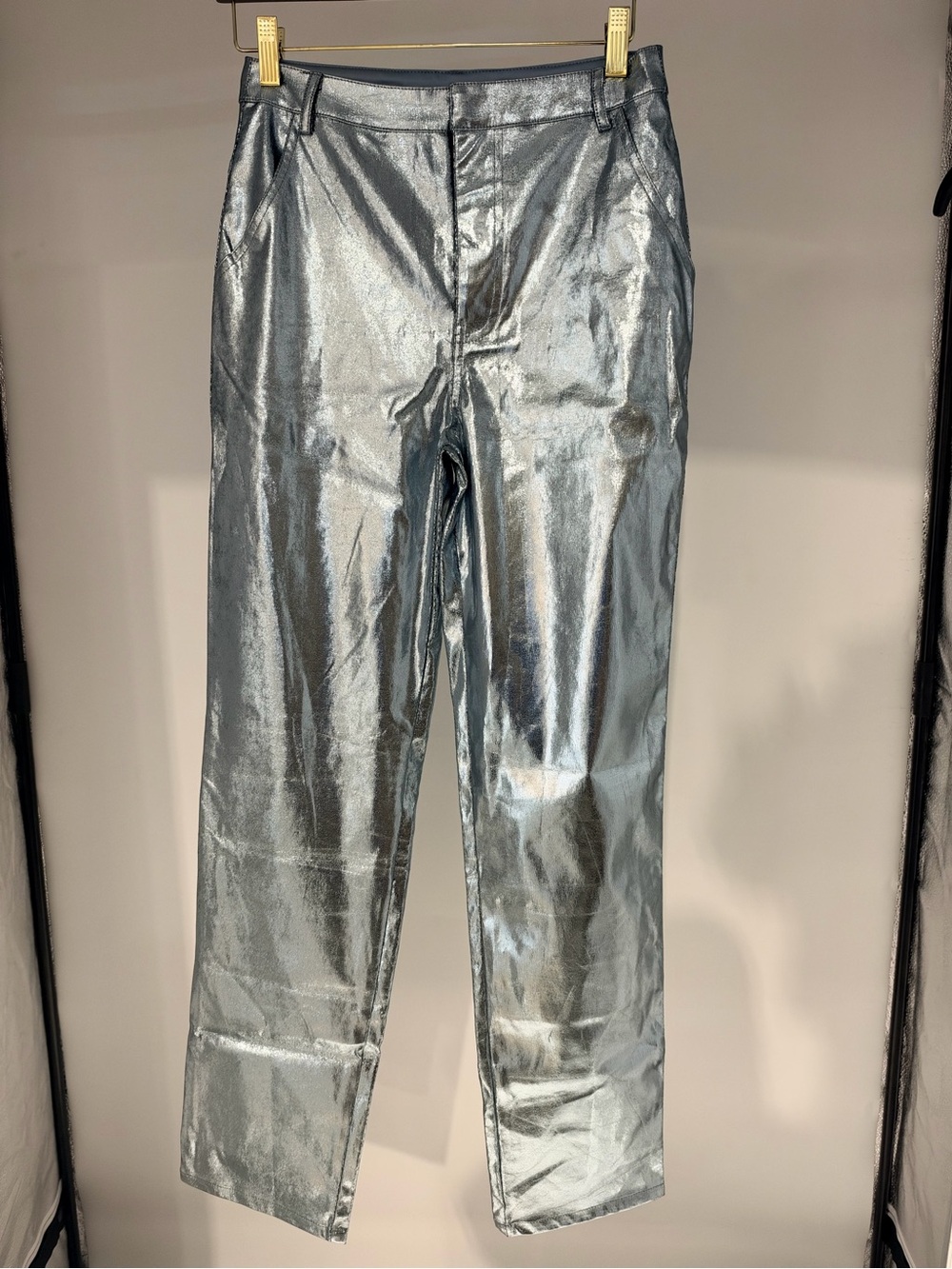 Blue Metallic Silver Straight-Leg Pants